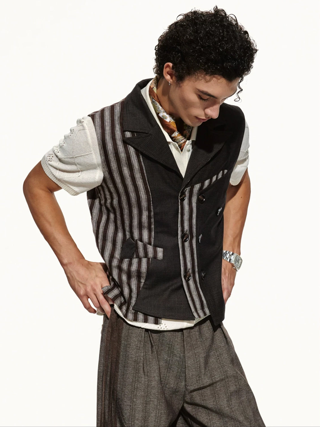 Asymmetric Stripe Double Breasted Lapel Vest - product view 4