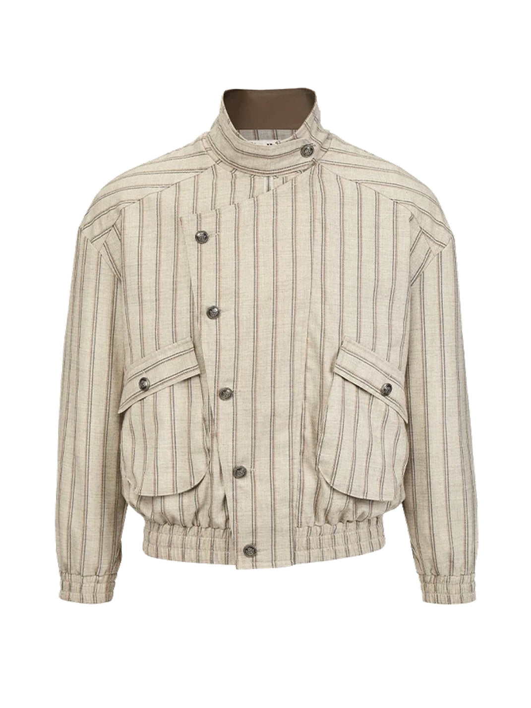 Offset-Button Striped Stand-Collar Jacket - view 1