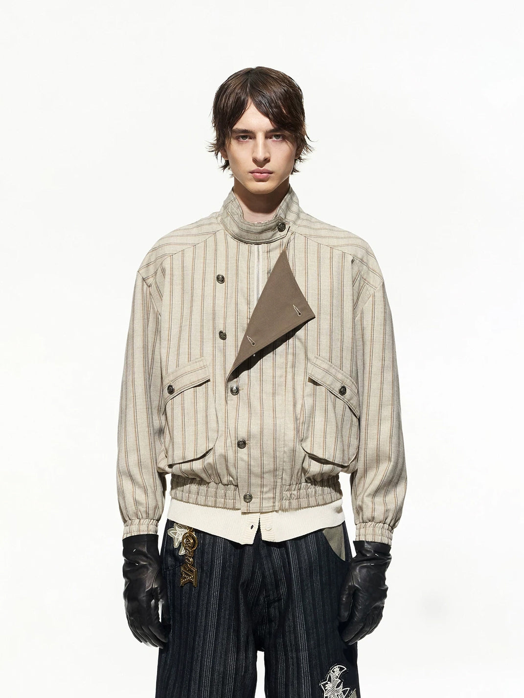 Offset-Button Striped Stand-Collar Jacket - view 2