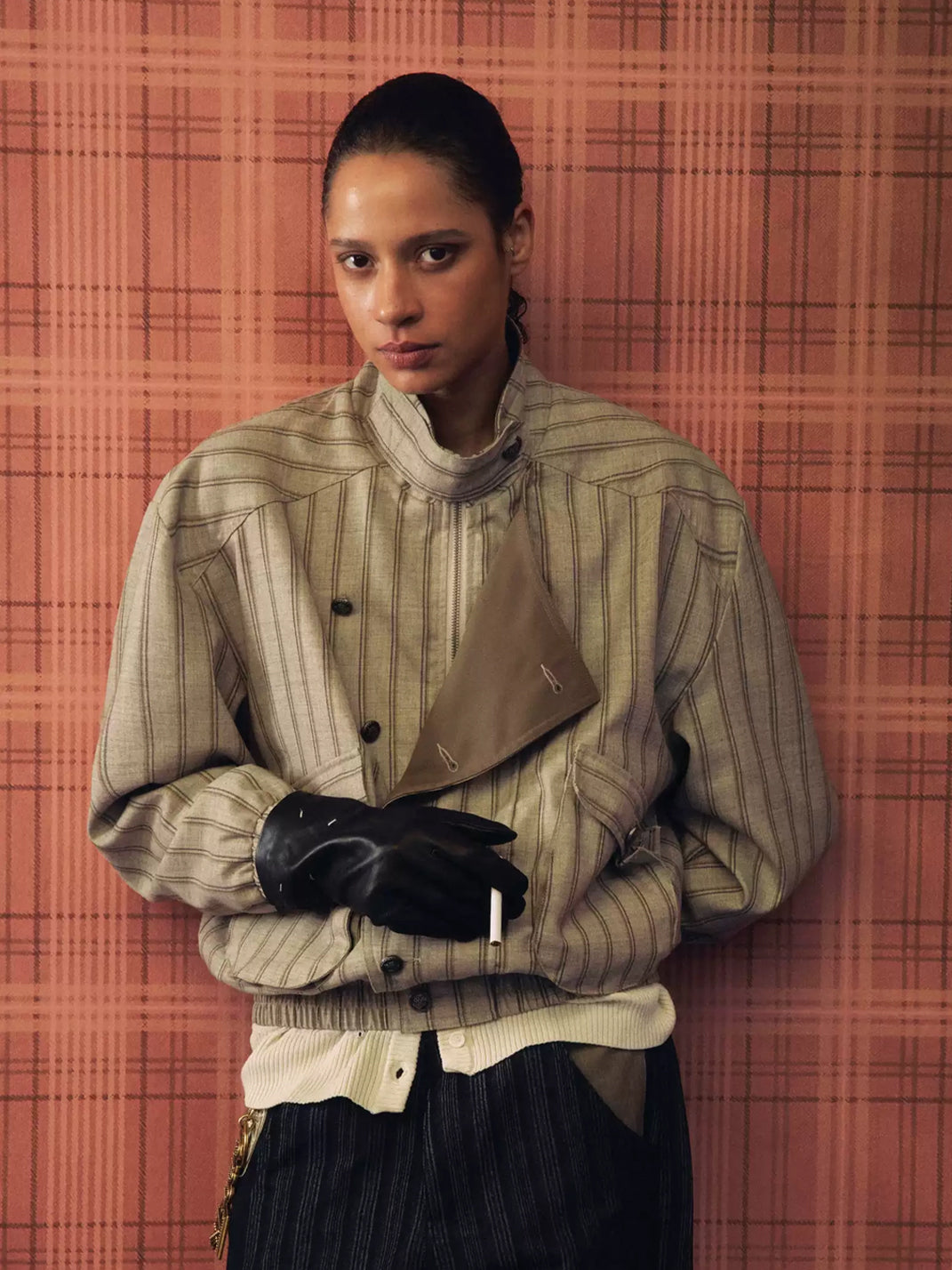 Offset-Button Striped Stand-Collar Jacket - view 3