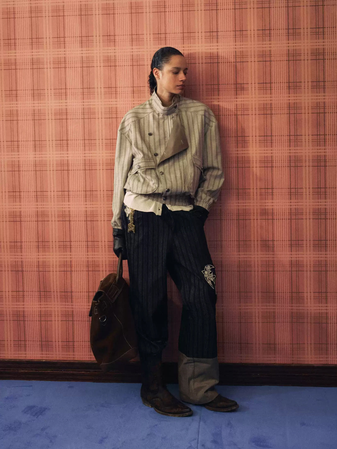Offset-Button Striped Stand-Collar Jacket - view 5