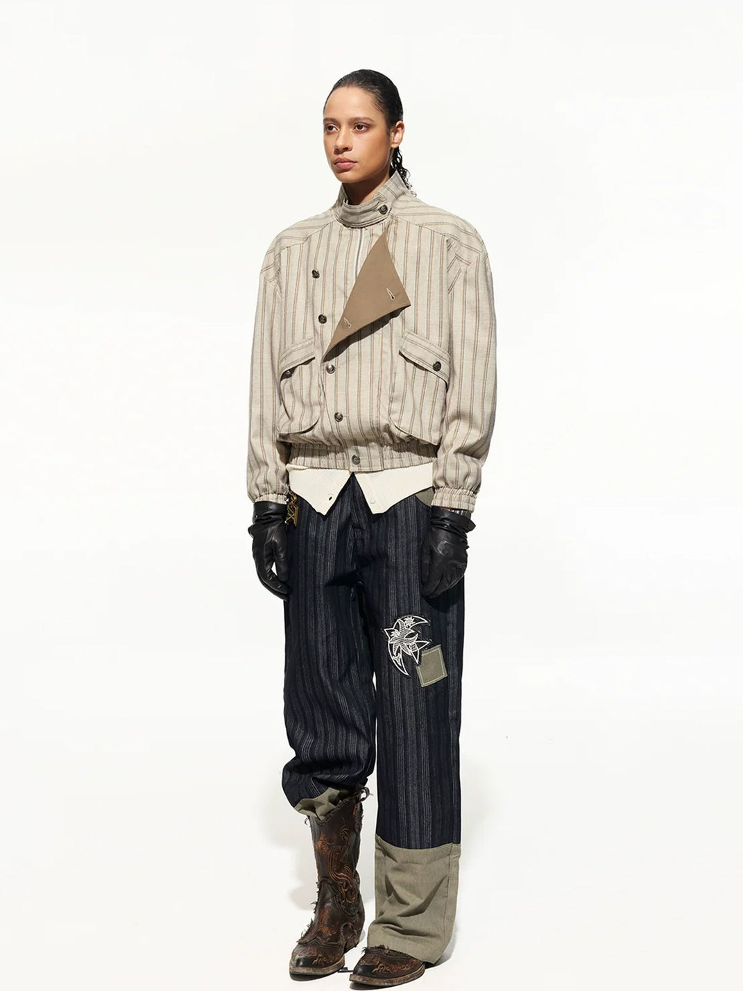 Offset-Button Striped Stand-Collar Jacket - view 6