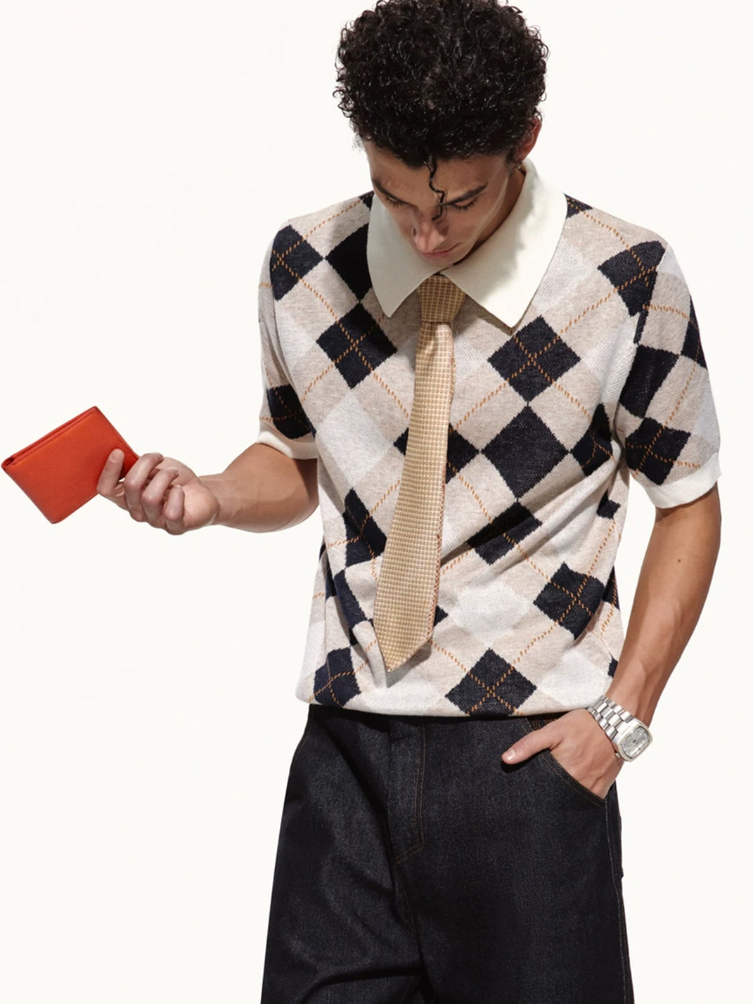 Diamond Knit Contrast Trim Short Sleeve Polo - product view 2