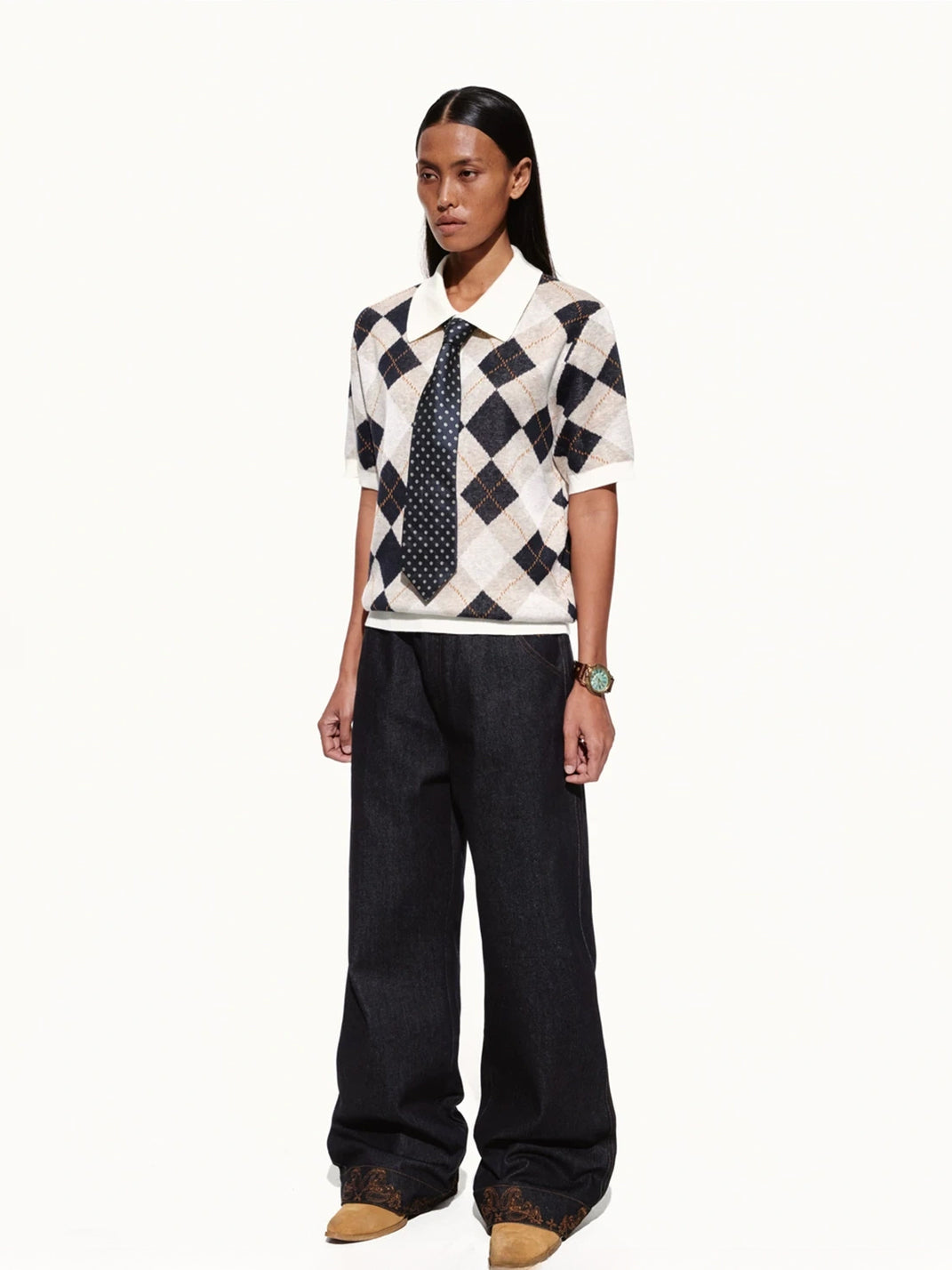 Diamond Knit Contrast Trim Short Sleeve Polo - product view 5