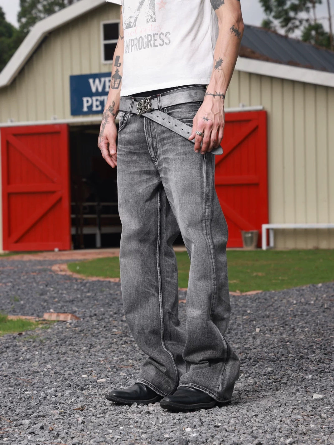 Whisker Wash Relaxed Micro Flare Jeans - product view 10