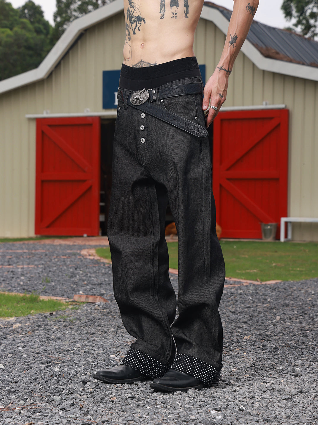 Polka Dot Cuff Straight Leg Jeans - view 4