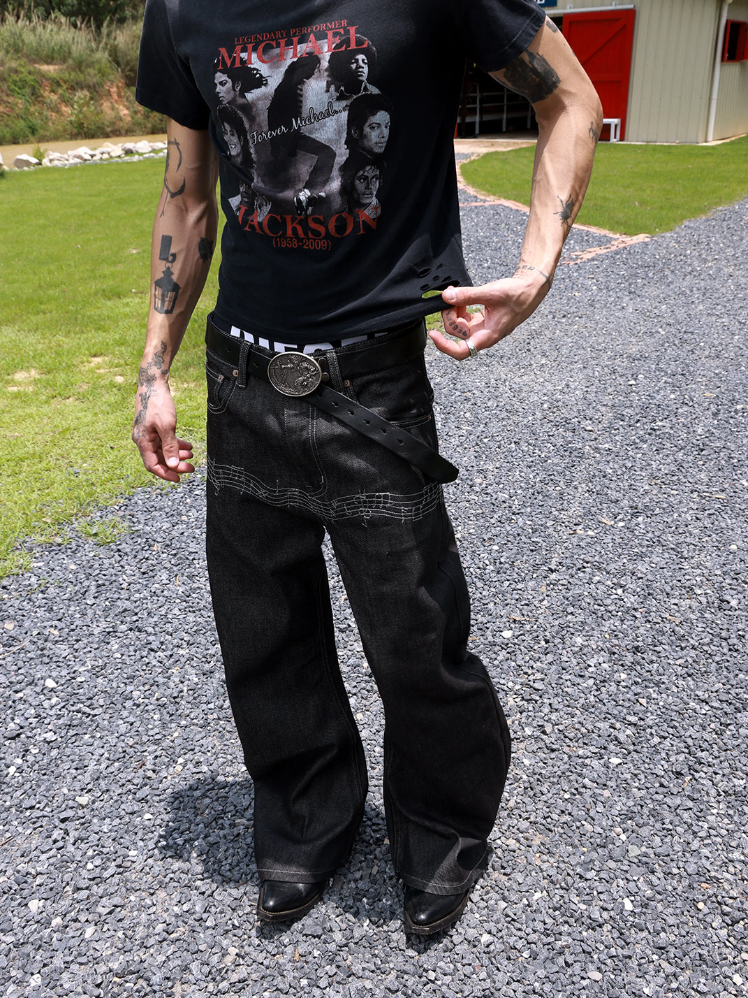 Musical Note Embroidered Raw Denim Flare Jeans - product view 1