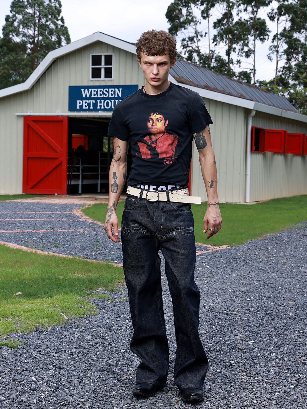 Musical Note Embroidered Raw Denim Flare Jeans - product view 2