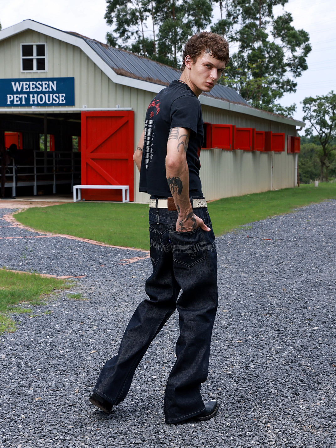 Musical Note Embroidered Raw Denim Flare Jeans - product view 4