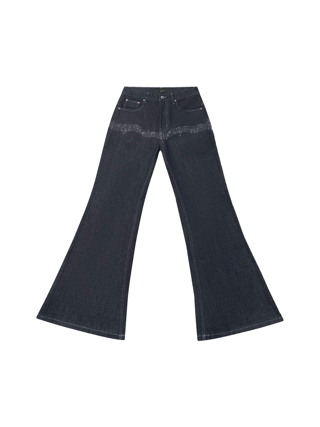 Musical Note Embroidered Raw Denim Flare Jeans - product view 6