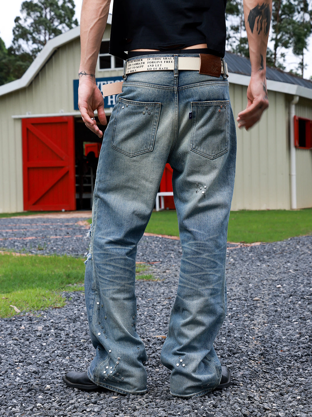 Houndstooth Patch Studded Micro Flare Jeans - product view 6
