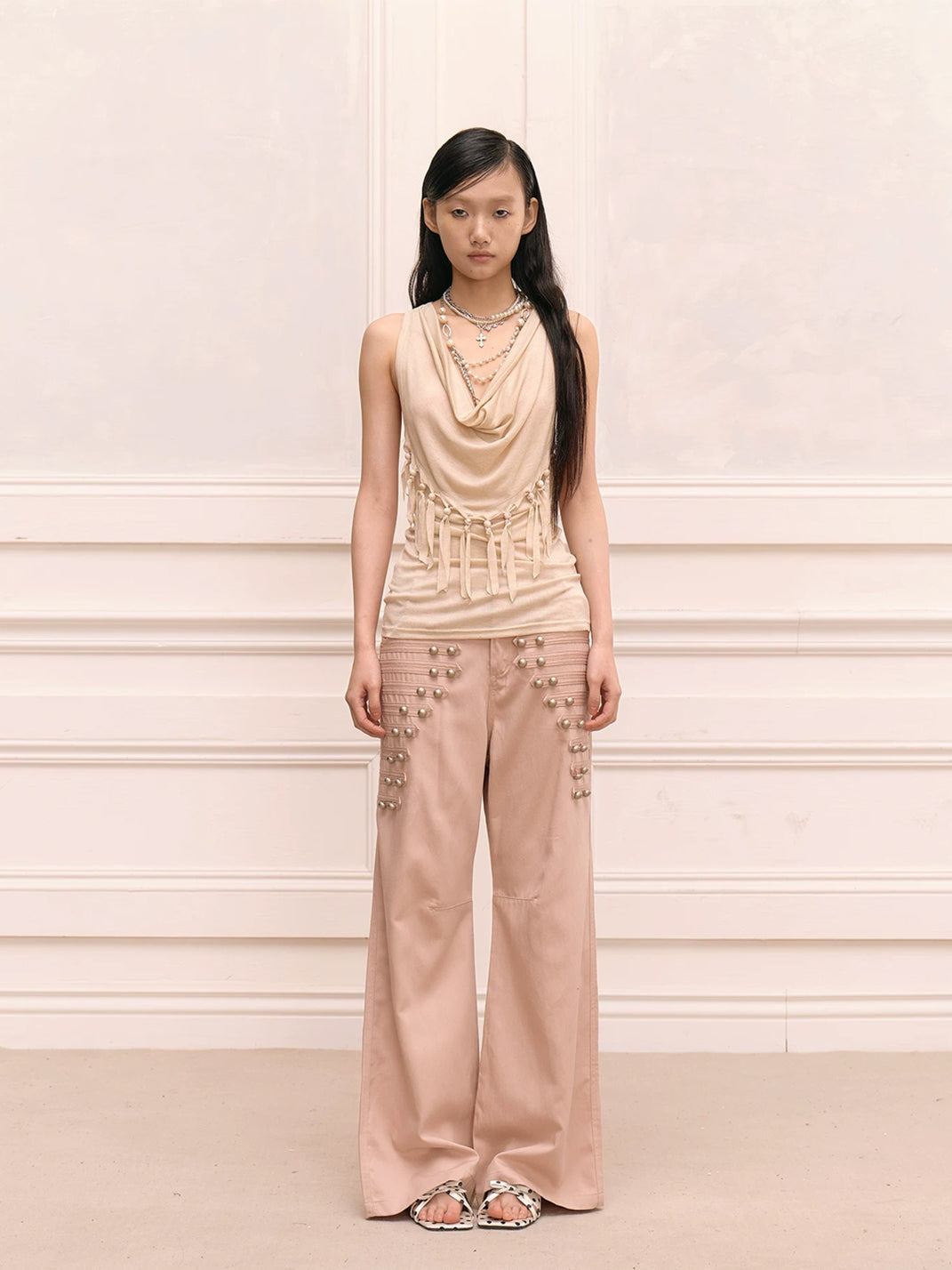Oat Beige Metal Button Wide Leg Trousers - product view 2