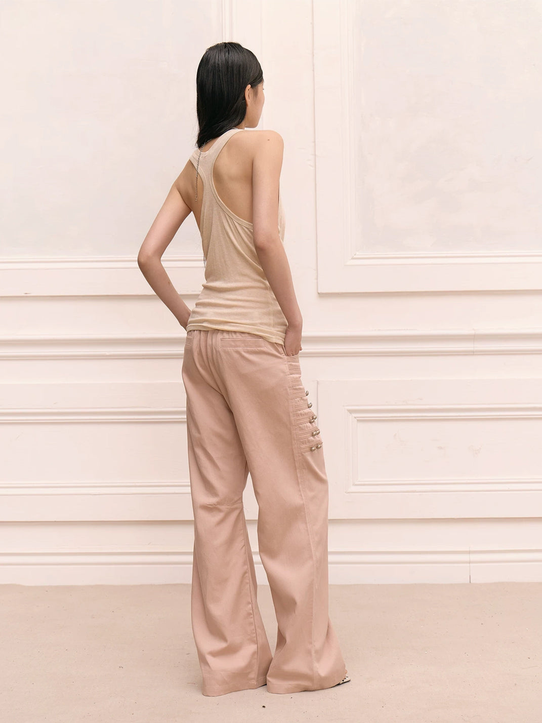 Oat Beige Metal Button Wide Leg Trousers - product view 4