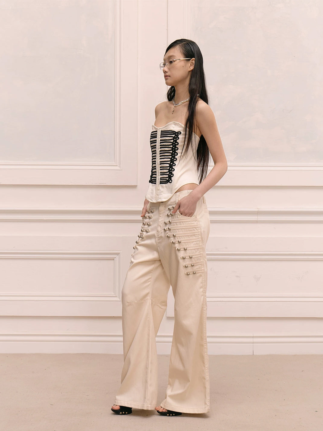 Oat Beige Metal Button Wide Leg Trousers - product view 6