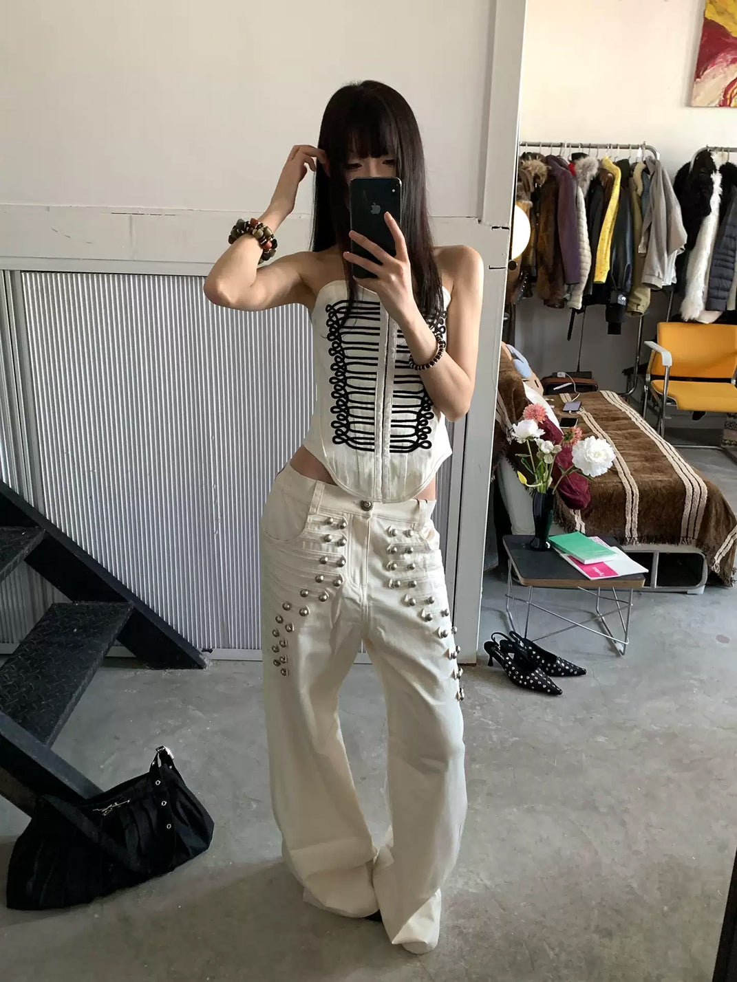 Oat Beige Metal Button Wide Leg Trousers - product view 7
