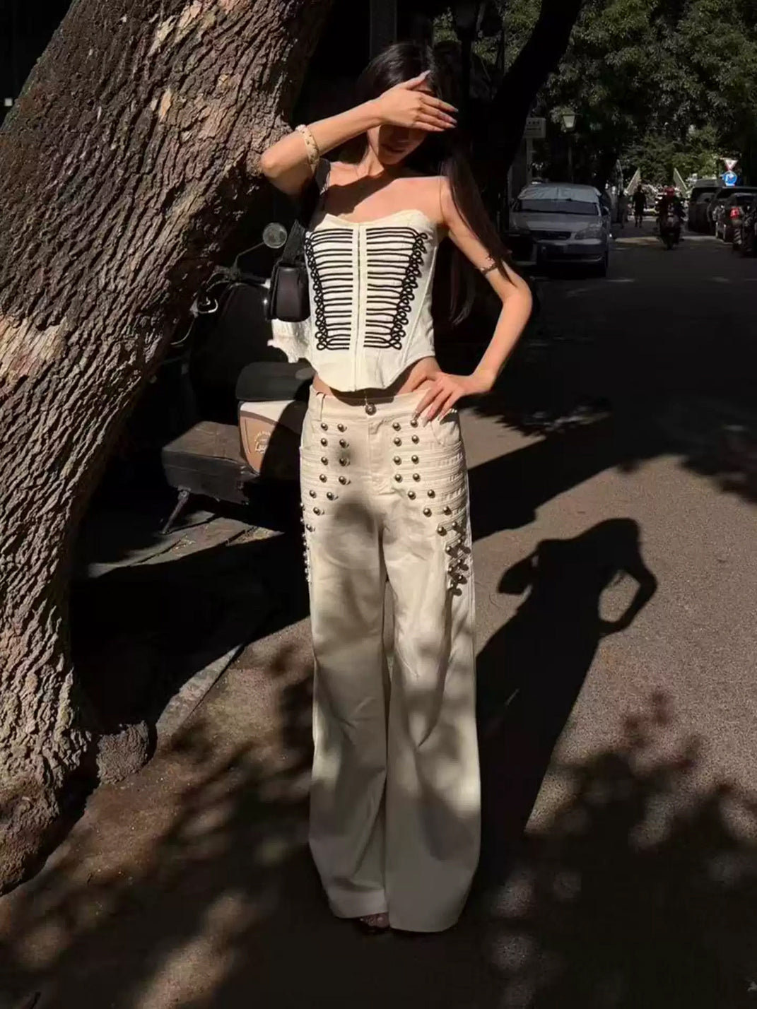 Oat Beige Metal Button Wide Leg Trousers - product view 9