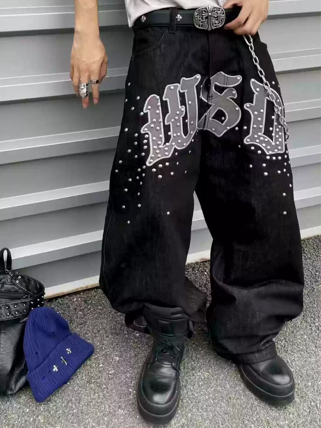 Embroidered Black Studded Wide Leg Jeans - product view 2
