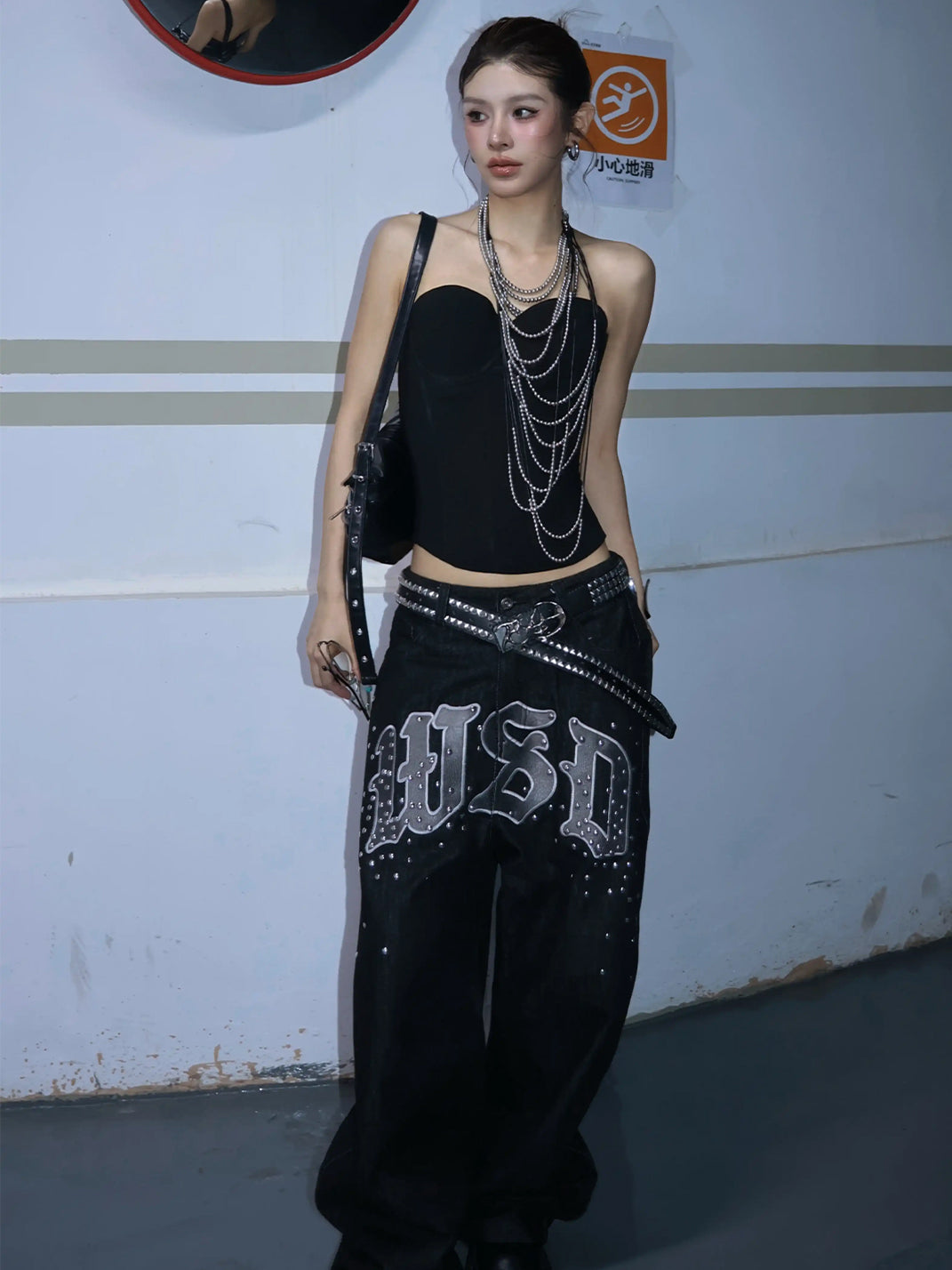 Embroidered Black Studded Wide Leg Jeans - product view 7