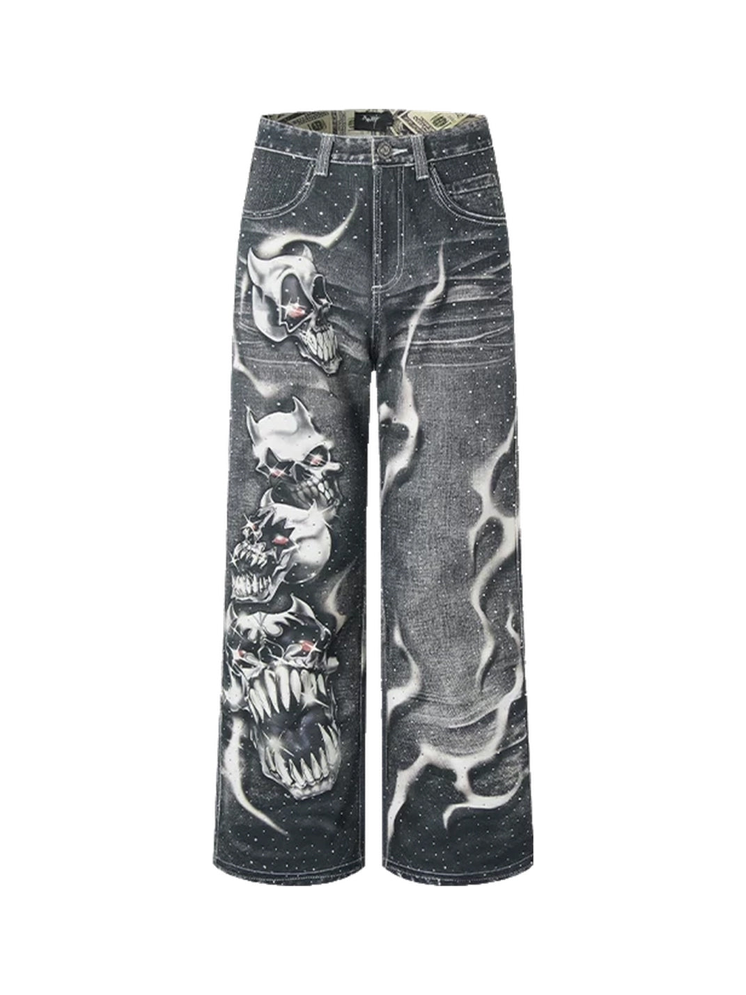 Rhinestone Skull Lightning Print Flare Jeans - product view 1