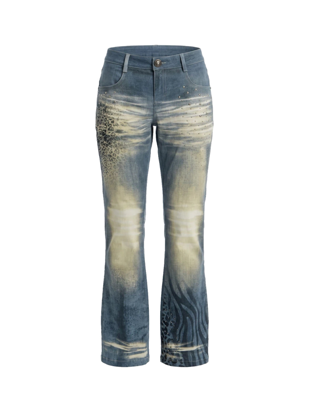 Animal Print Rhinestone Washed Flare Jeans - product view 1