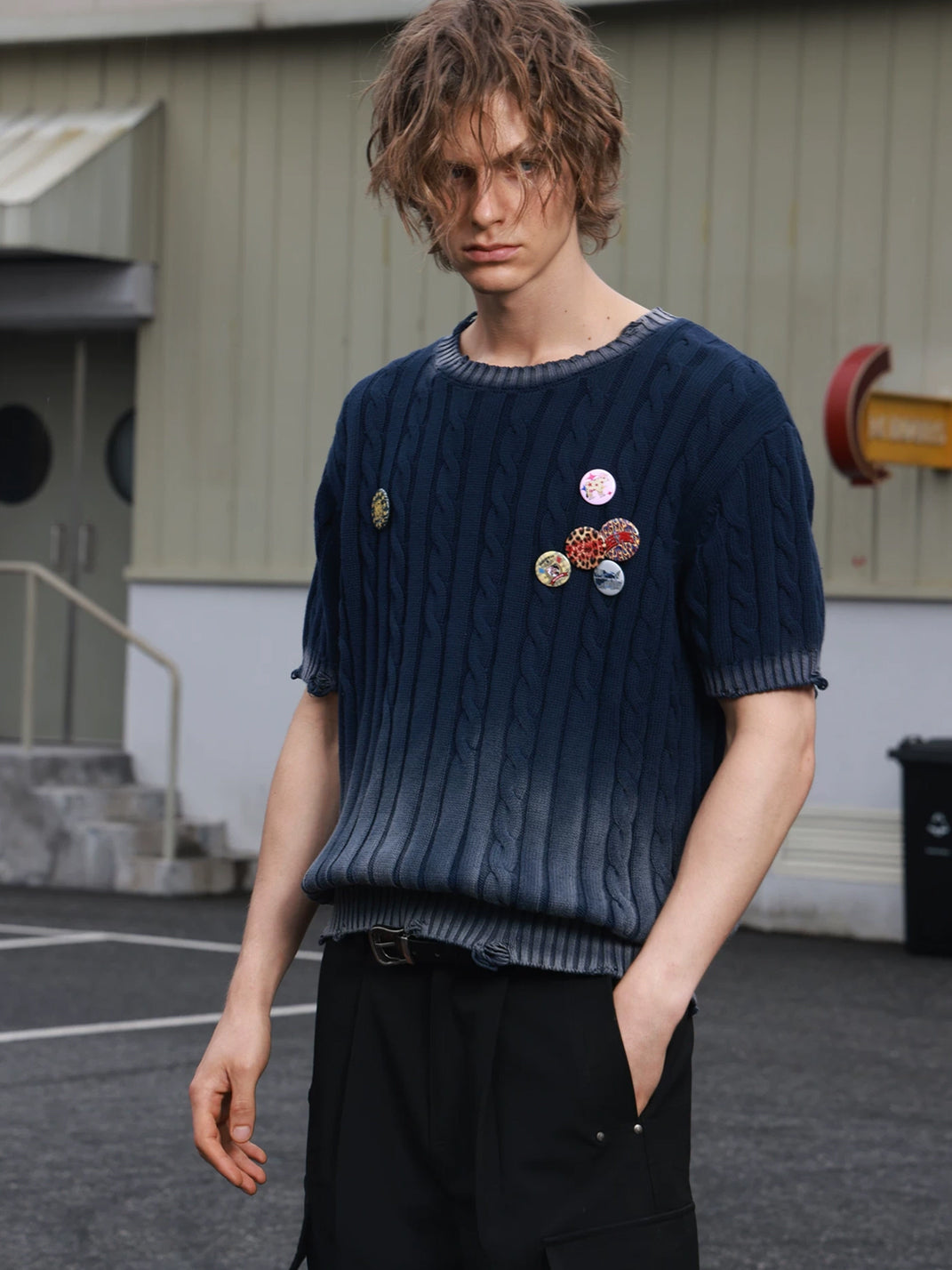 Indigo Fade Cable Knit Short Sleeve Sweater - product view 2