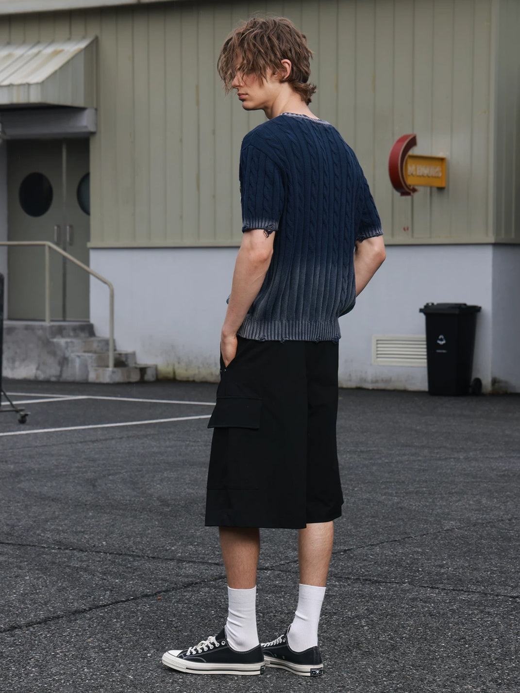 Indigo Fade Cable Knit Short Sleeve Sweater - product view 5