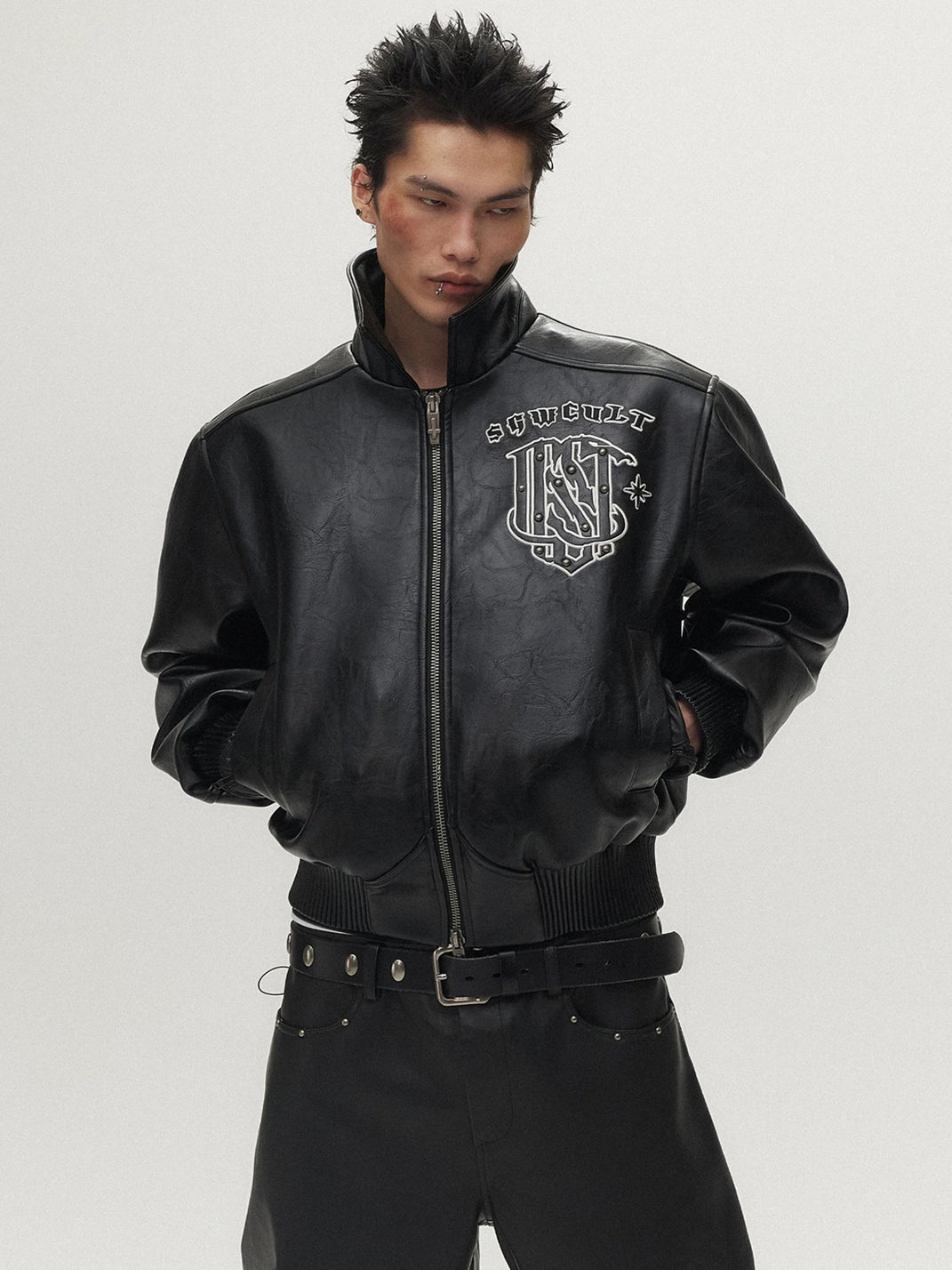Crest Embroidered Studded Faux Leather Jacket - product view 2