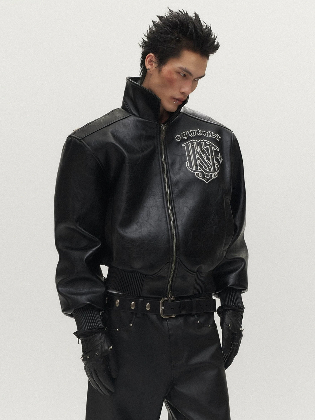 Crest Embroidered Studded Faux Leather Jacket - product view 3