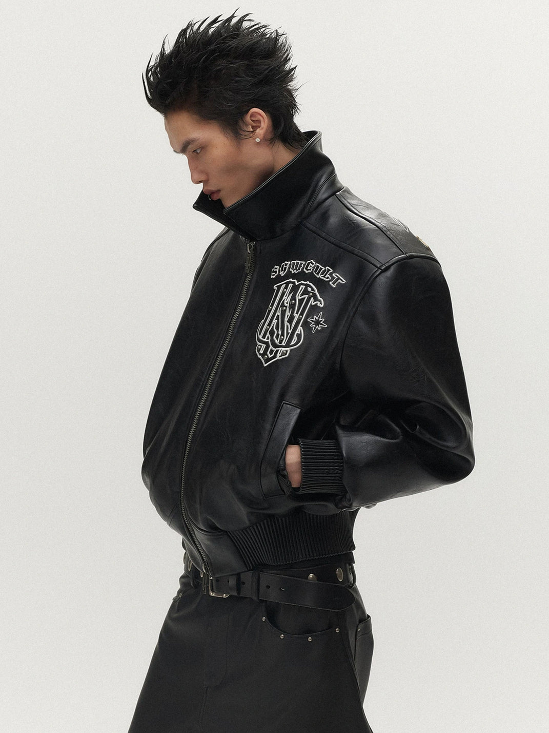 Crest Embroidered Studded Faux Leather Jacket - product view 4