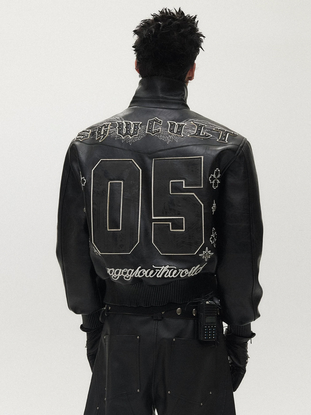 Crest Embroidered Studded Faux Leather Jacket - product view 5