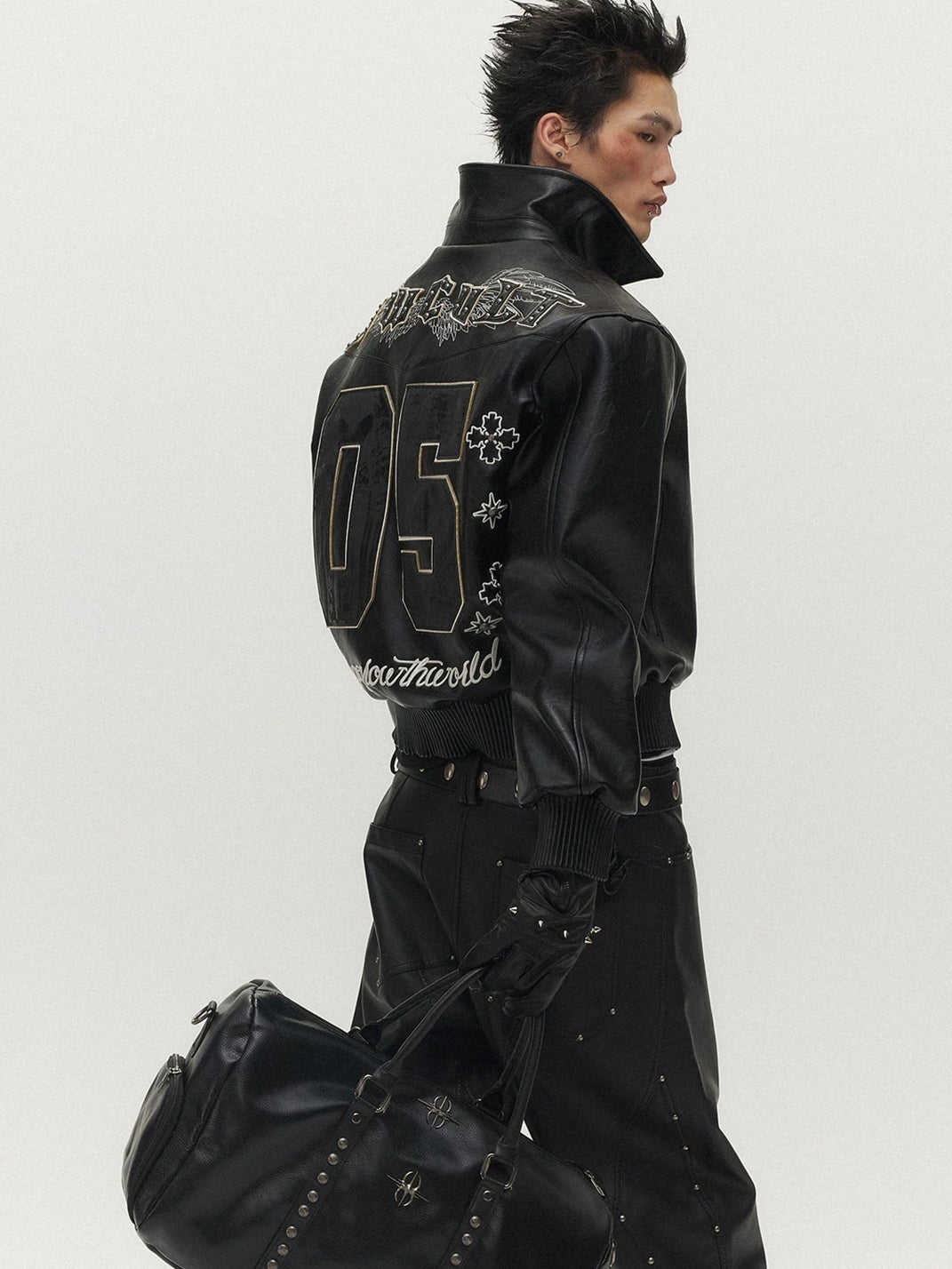 Crest Embroidered Studded Faux Leather Jacket - product view 6