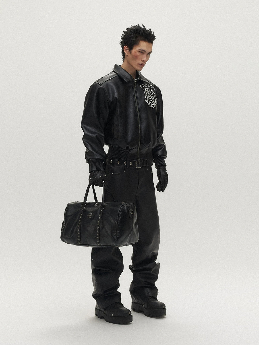 Crest Embroidered Studded Faux Leather Jacket - product view 7