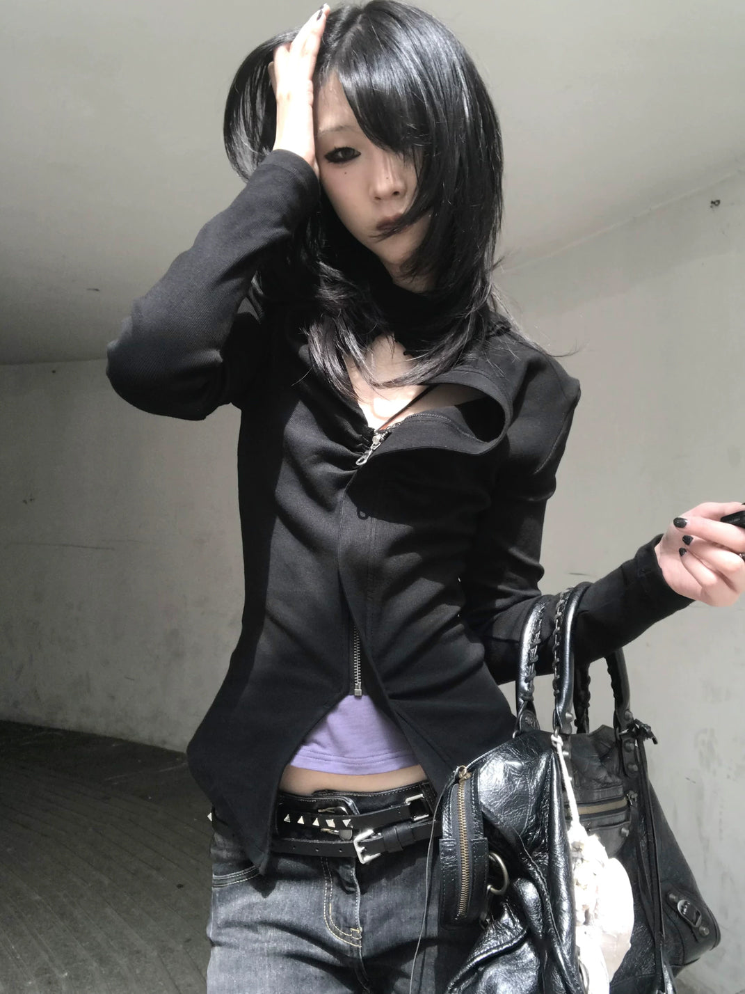 Ruffle-Collar Cutout Cropped Zip Jacket - view 2