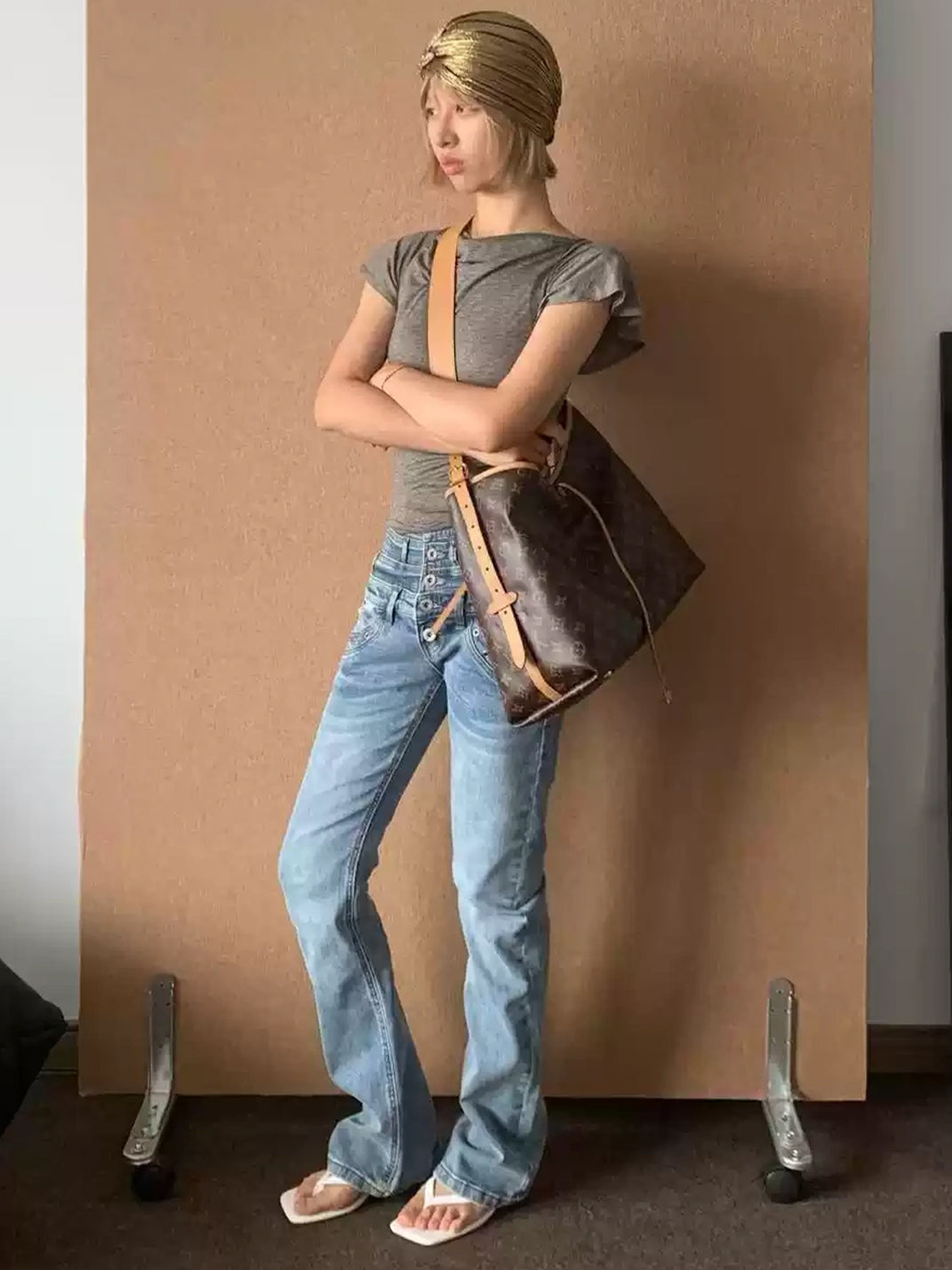 Double Waist Rivet Trim Flare Jeans - product view 3