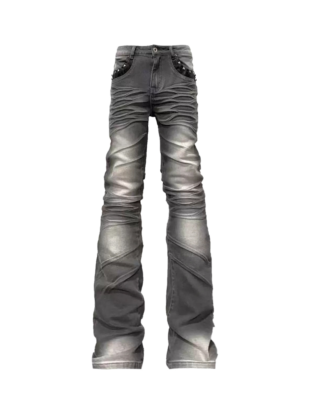 Washed Gray Studded Stacked Flare Jeans - product view 1