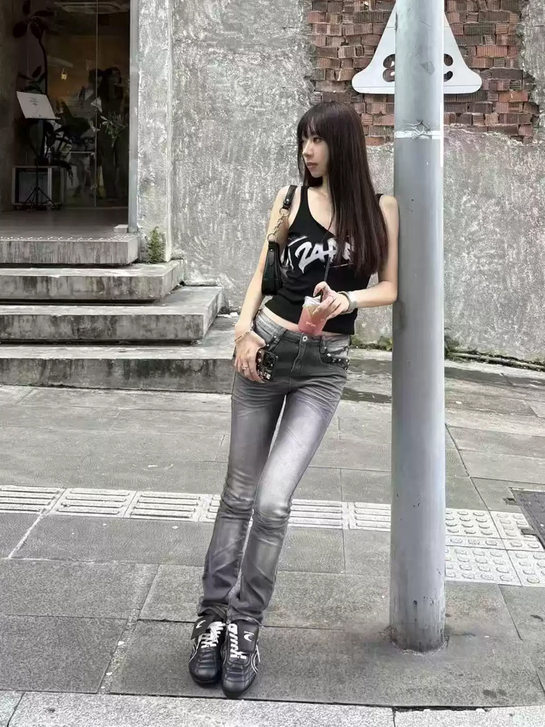 Washed Gray Studded Stacked Flare Jeans - product view 2