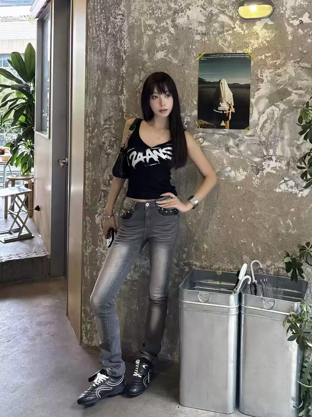 Washed Gray Studded Stacked Flare Jeans - product view 3