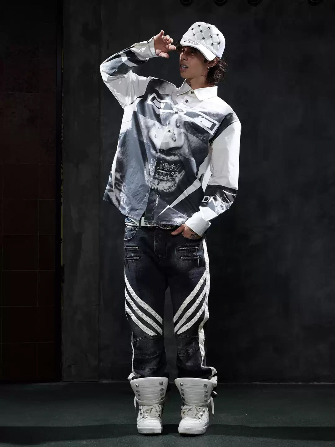 Monochrome Portrait Print Oversized Cotton Shirt - view 3