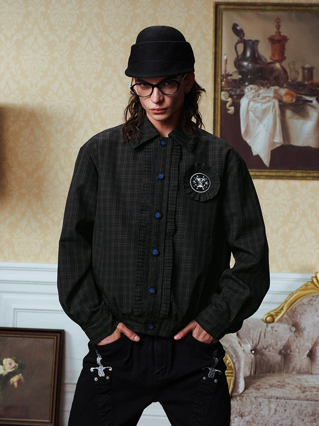 Dark Plaid Rosette-Badge Button Jacket - view 2