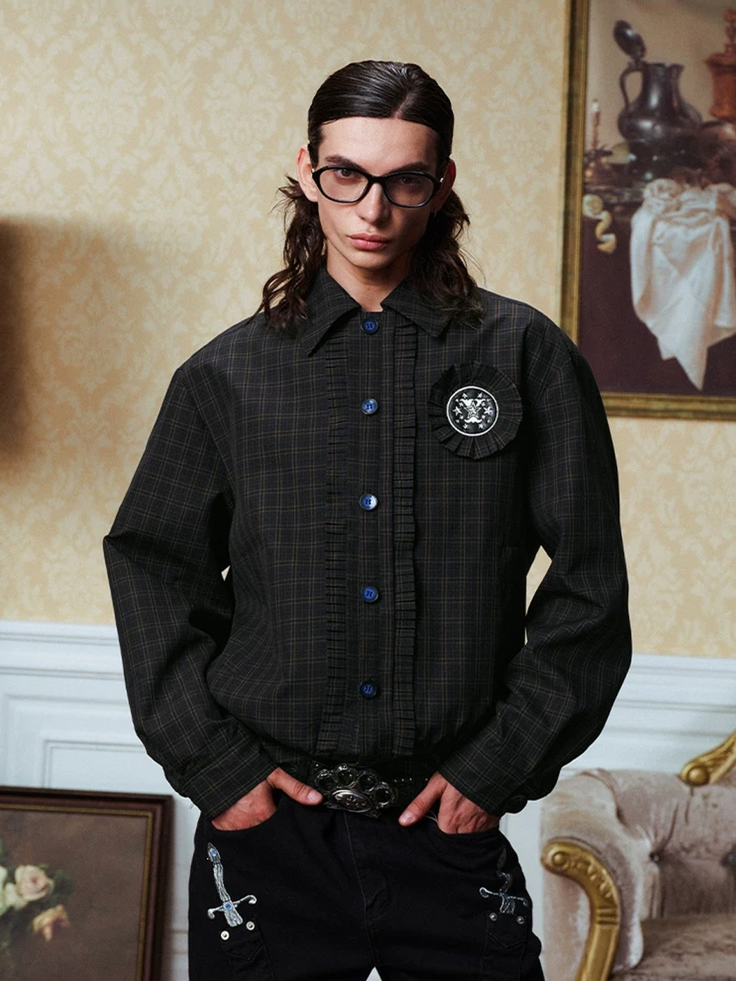 Dark Plaid Rosette-Badge Button Jacket - view 3