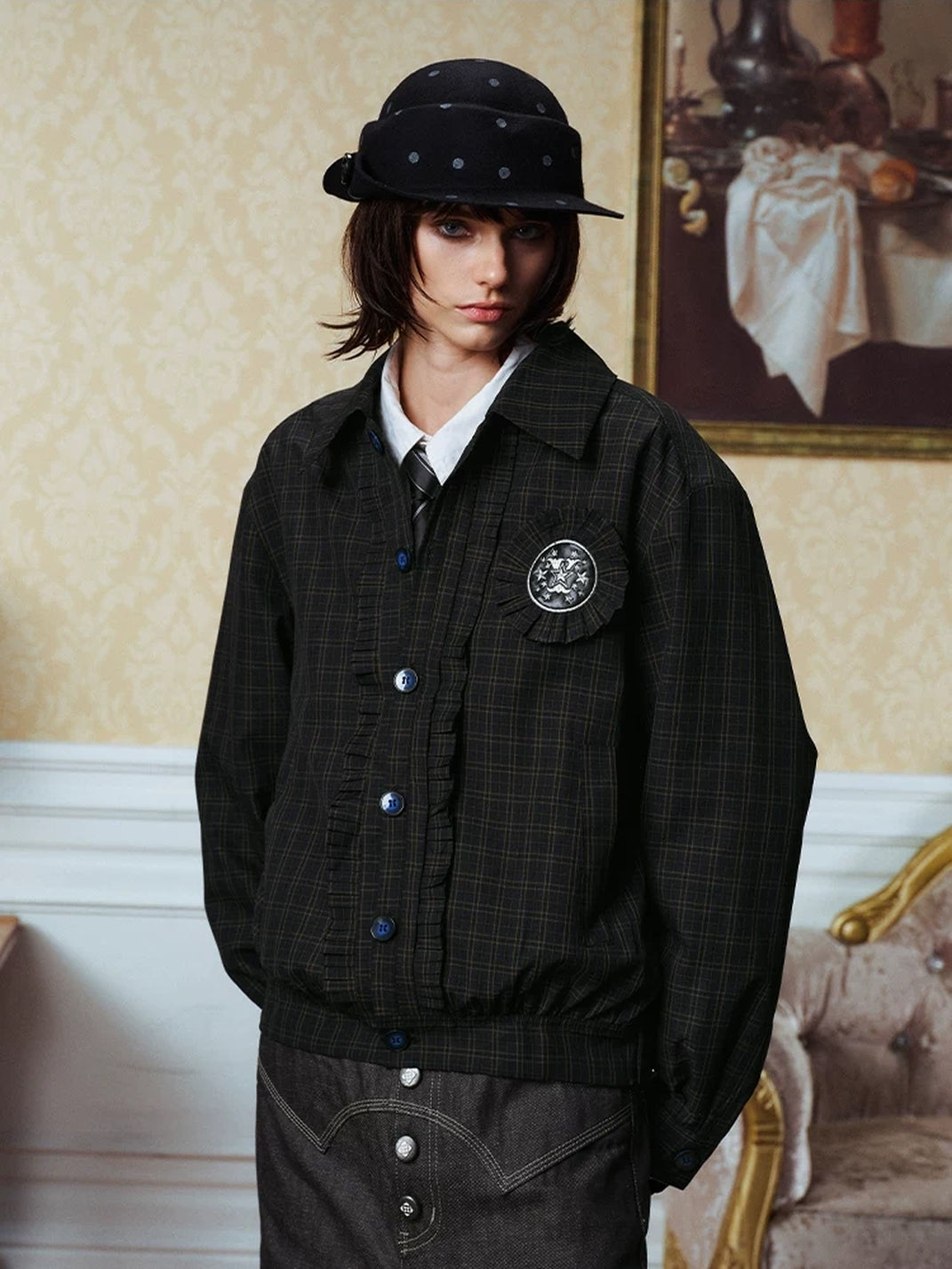 Dark Plaid Rosette-Badge Button Jacket - view 4