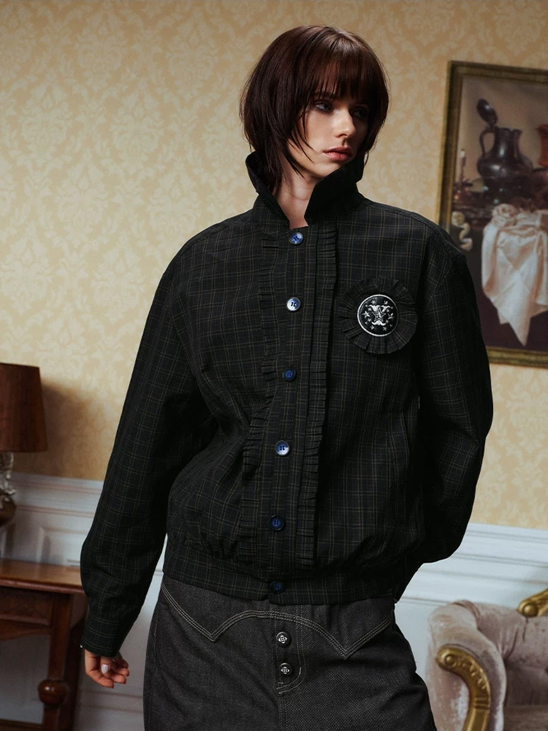Dark Plaid Rosette-Badge Button Jacket - view 6