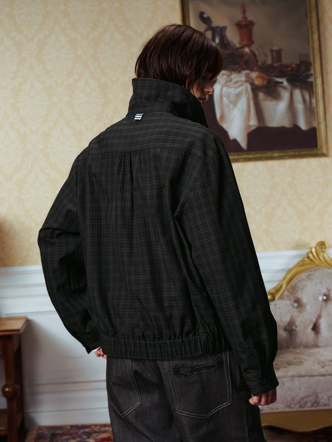Dark Plaid Rosette-Badge Button Jacket - view 7