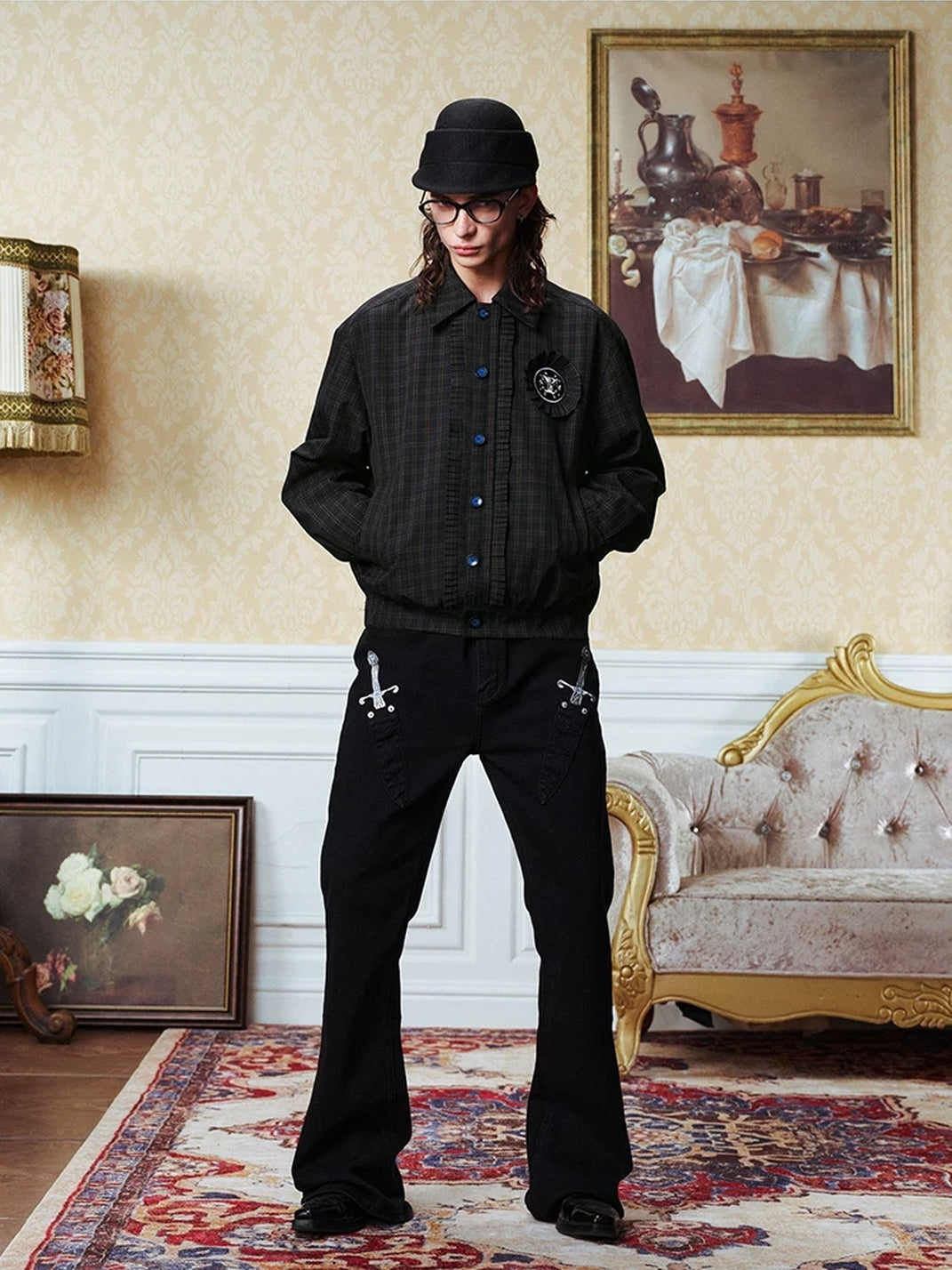 Dark Plaid Rosette-Badge Button Jacket - view 8