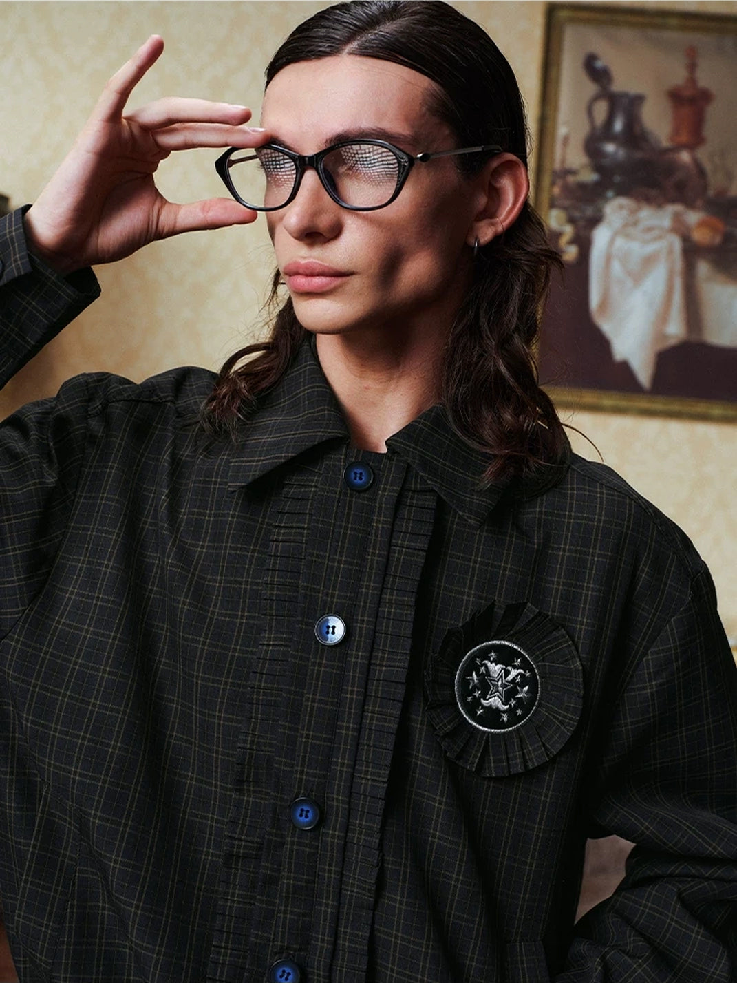 Dark Plaid Rosette-Badge Button Jacket - view 9