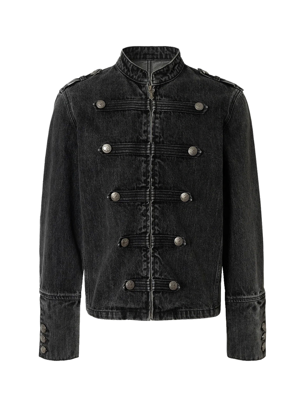 Decorative Button Washed Denim Zip Jacket - front view