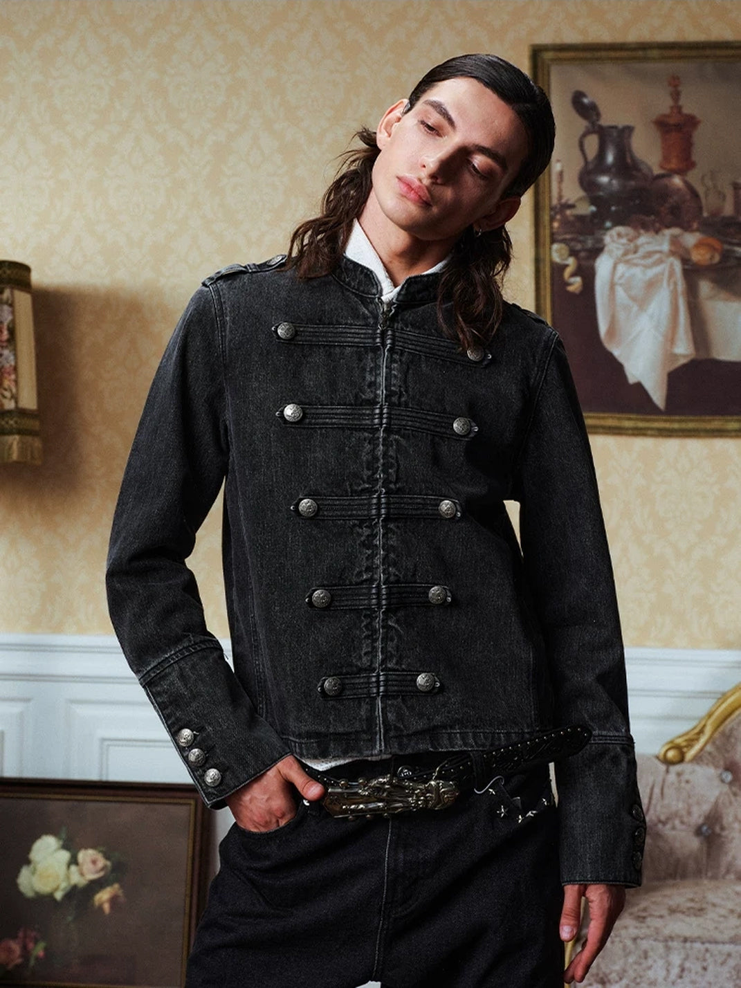 Decorative Button Washed Denim Zip Jacket - product view 3