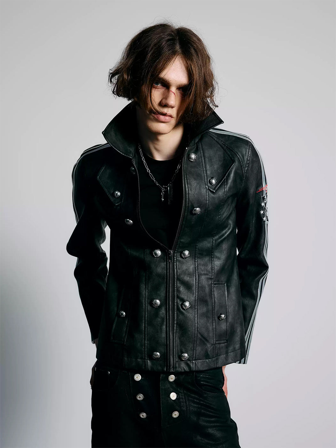 Silver-Stripe Button-Detail Faux-Leather Jacket - view 2