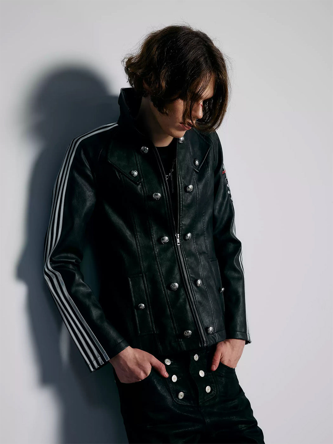 Silver-Stripe Button-Detail Faux-Leather Jacket - view 4