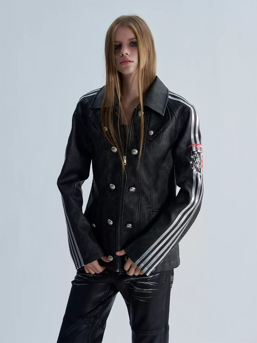 Silver-Stripe Button-Detail Faux-Leather Jacket - view 5